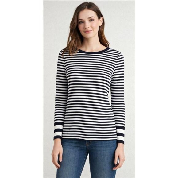 J. Crew Tops - J.Crew Perfect Fit Striped Long Sleeve Shirt Size L Black White Crew Neck